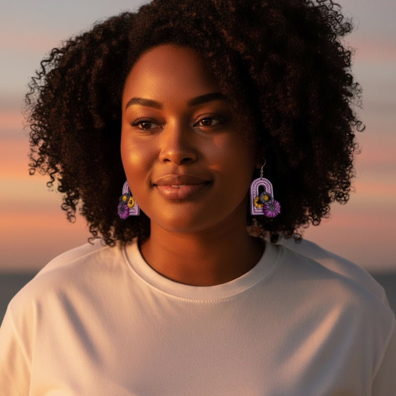 Woman wearing Sweet Arch polymer clay earrings and a white top with a blurred sunset background