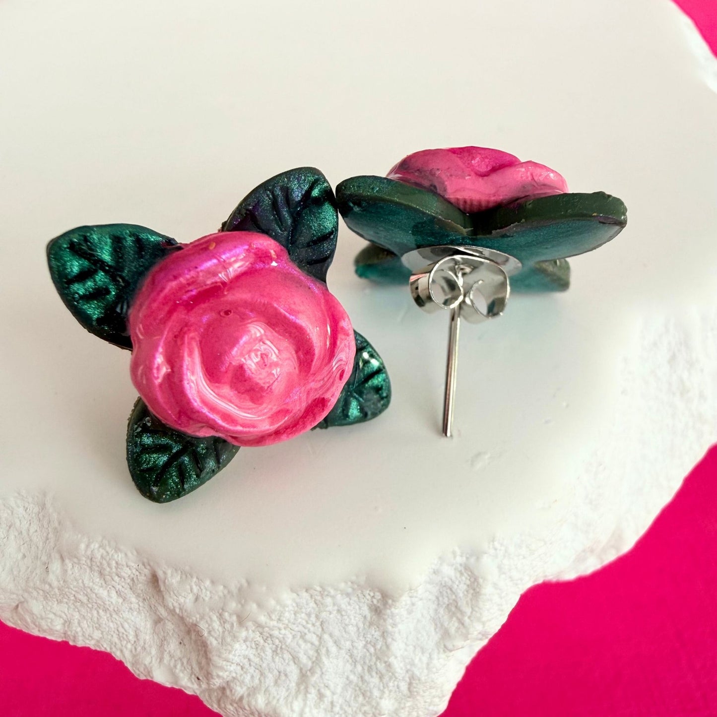 Australian handmade stud earrings Sweet Rose in pink with silver findings