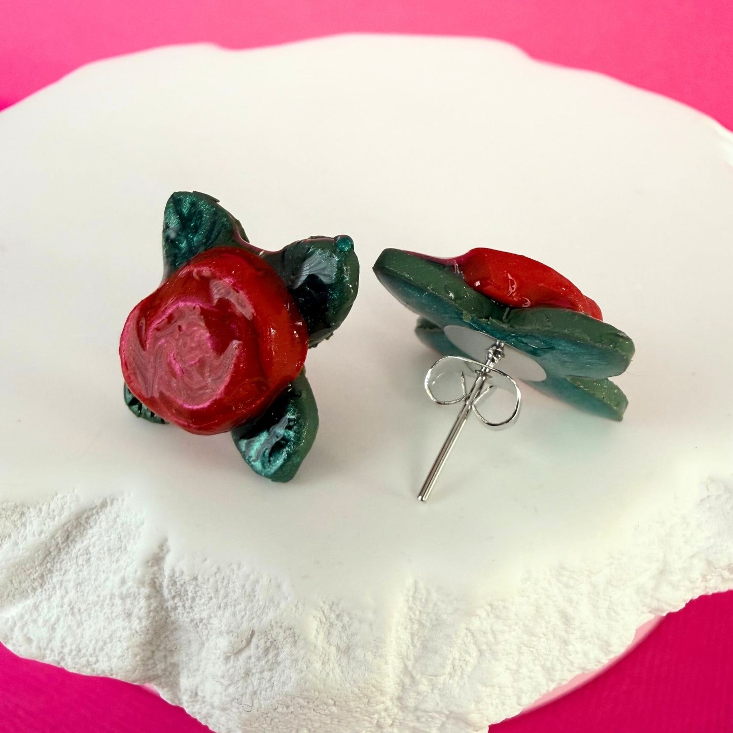 Australian handmade stud earrings Sweet Rose in red with silver findings