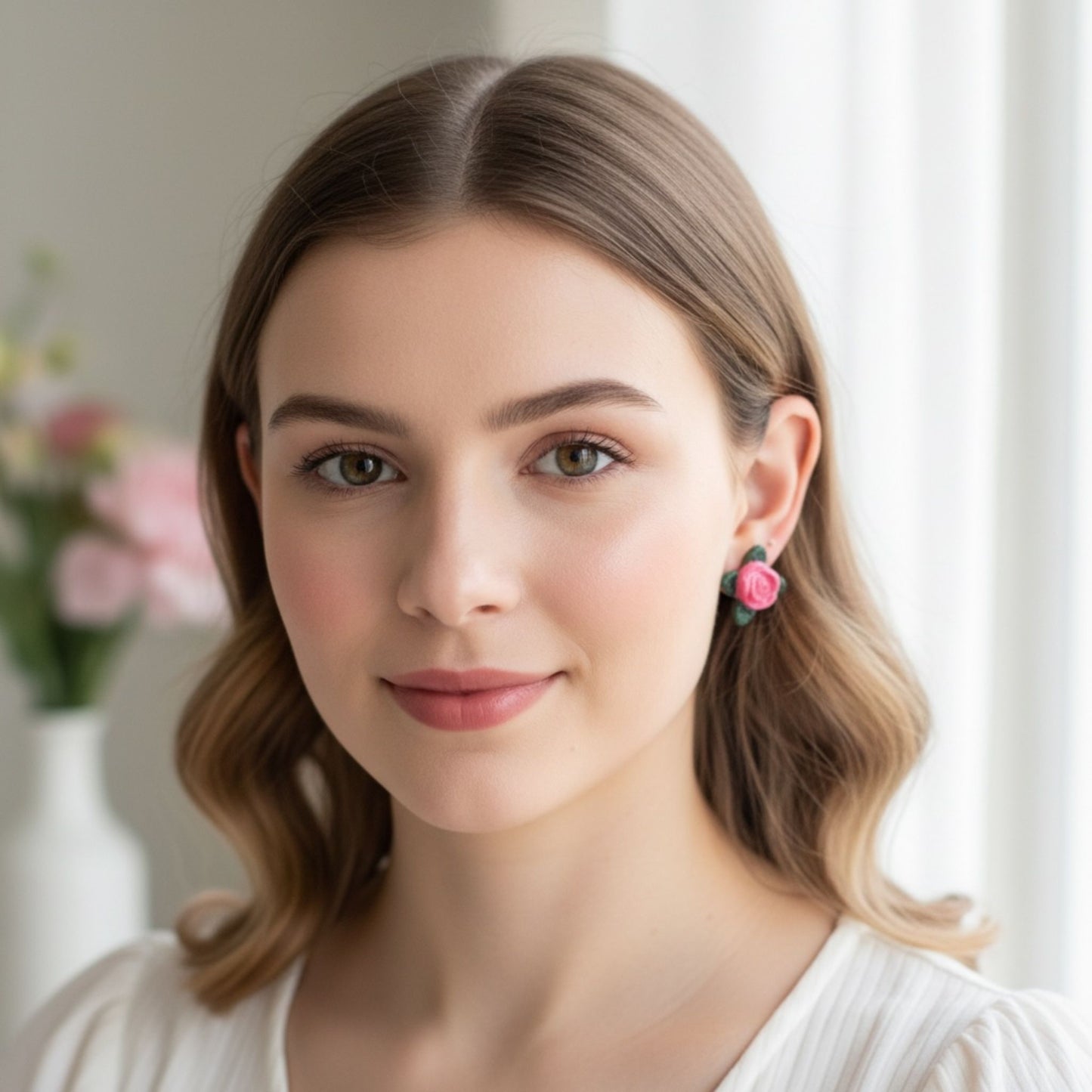 Australian handmade stud earrings Sweet Rose worn for whimsical everyday style