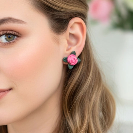 Close-up of a woman wearing pink Sweet Rose stud earrings with a blurred floral background.