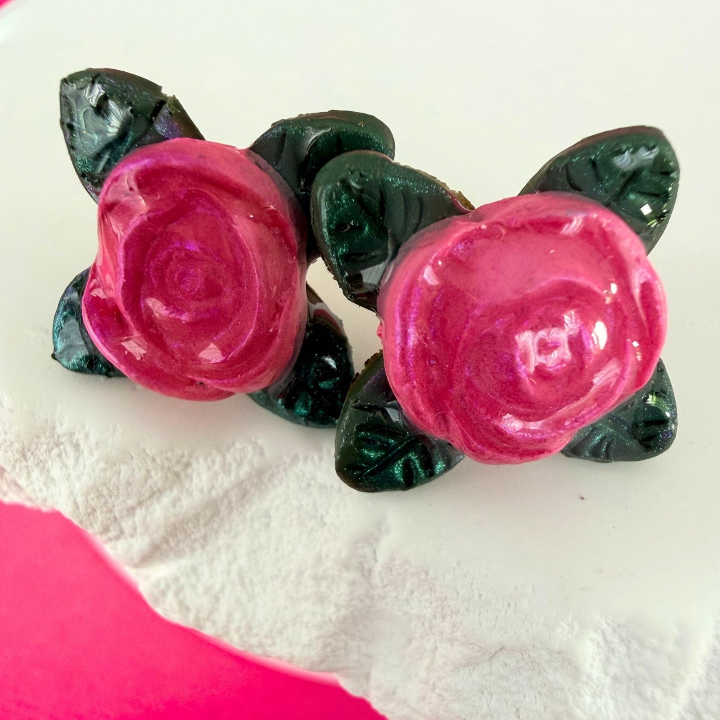 Close up of lightweight handmade stud earrings Sweet Rose