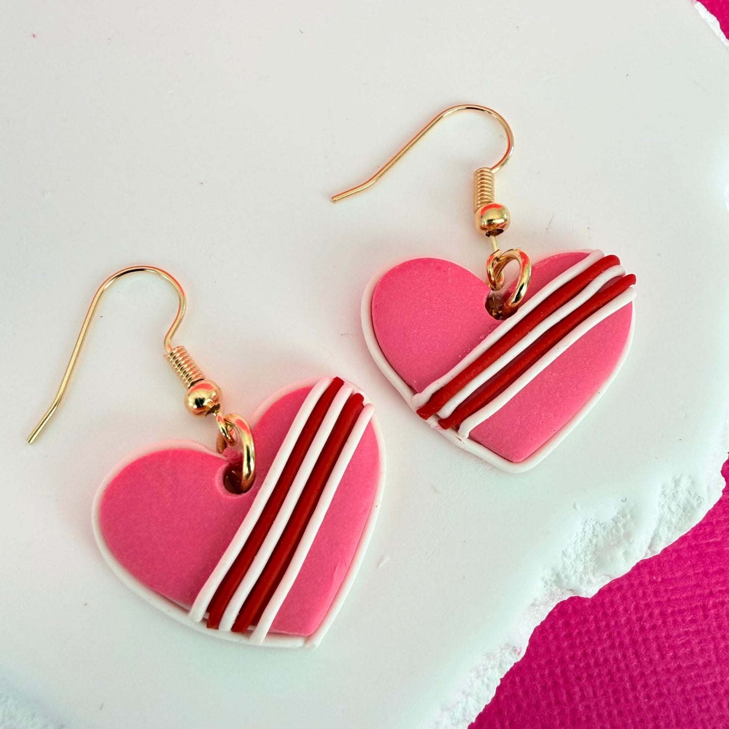 Australian handmade polymer clay dangle earrings Sweet Treat Hearts with gold findings