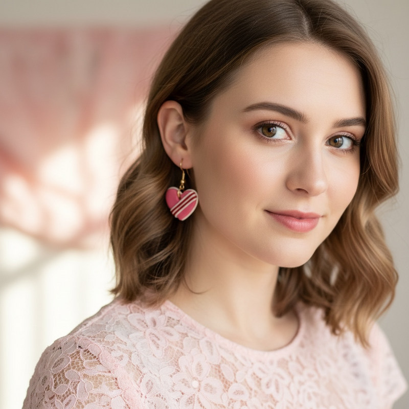 Australian handmade dangle earrings Sweet Treat Hearts worn for whimsical charm