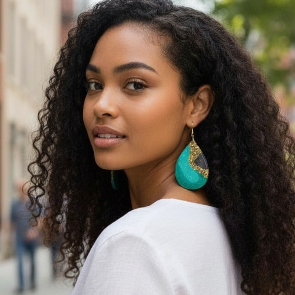 Woman with curly hair wearing turquoise earrings outdoors