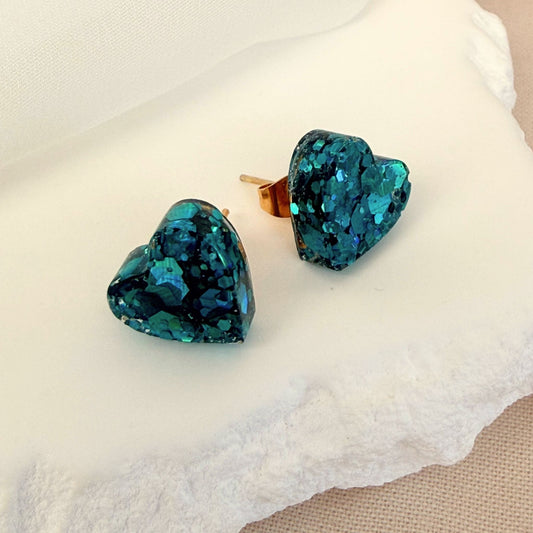 Australian handmade stud earrings Teal Heart in teal resin sparkle heart design.