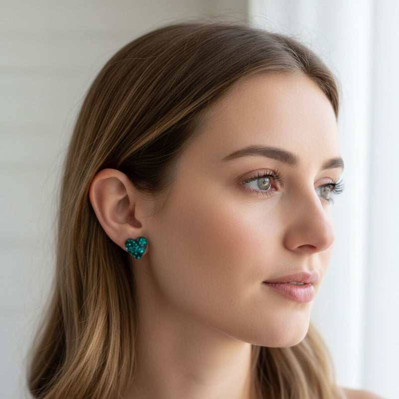 Australian handmade stud earrings Teal Heart worn for joyful everyday style