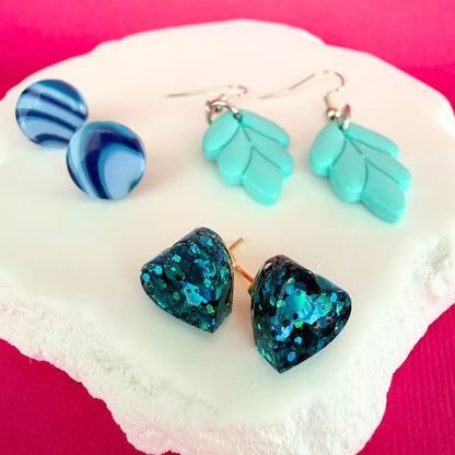 Australian handmade stud earrings Teal Heart styled with other Katie Tilson Studios earrings