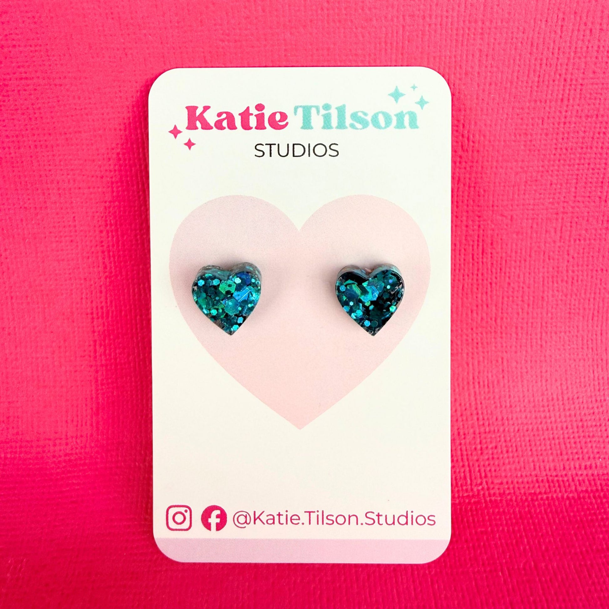 Handmade stud earrings Teal Heart in gift packaging