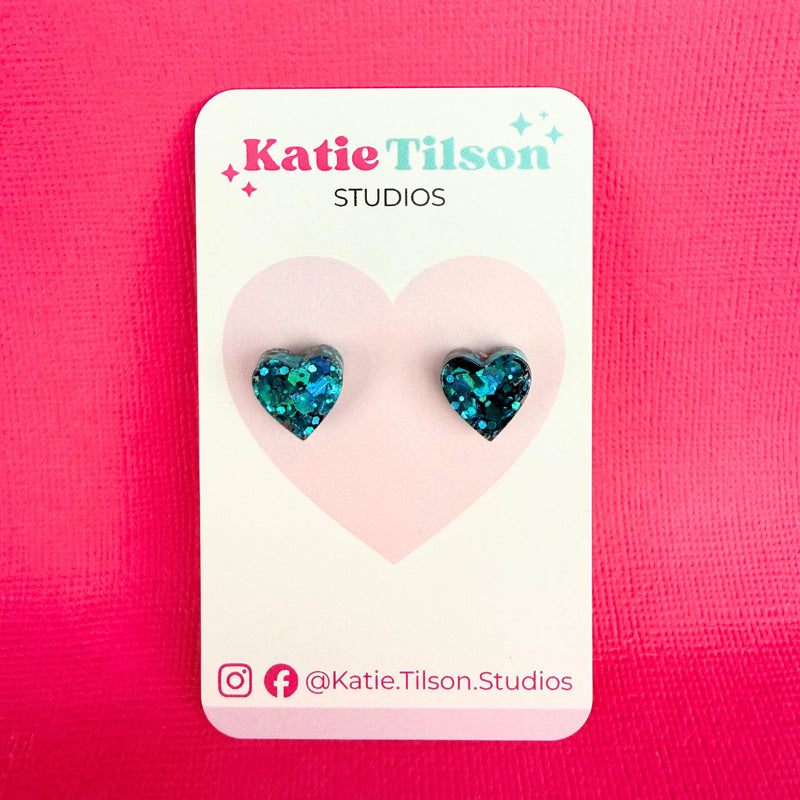 Handmade stud earrings Teal Heart in gift packaging