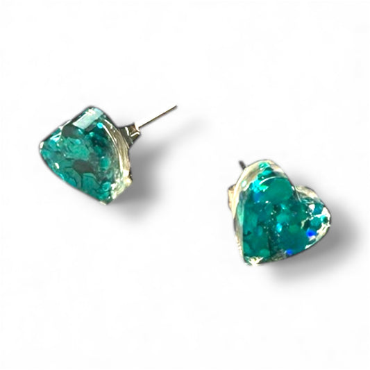 Teal resin heart stud earrings handmade with glossy sparkle.