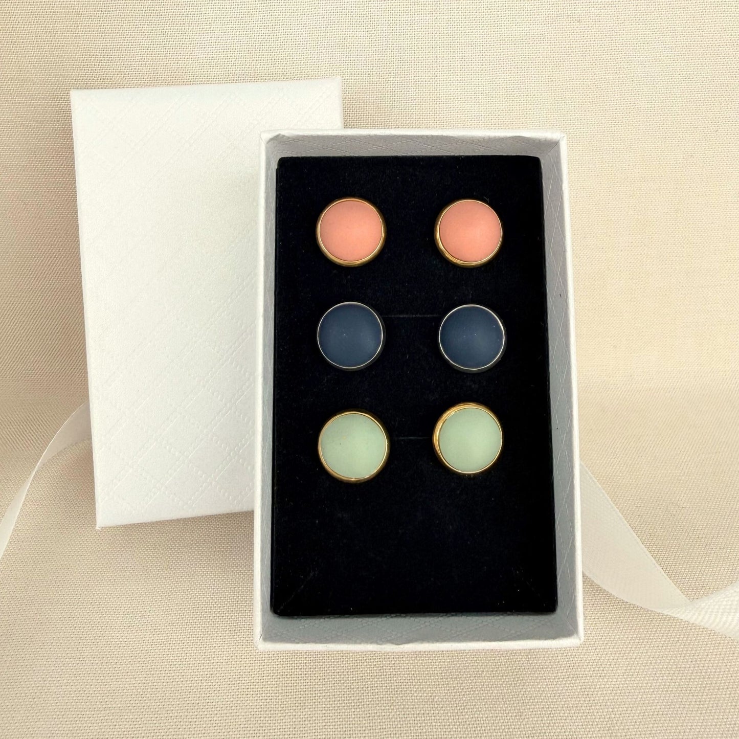 Everyday Trio stud earrings in white gift box with black velvet insert - Australian handmade round earrings in soft blush, navy and eucalyptus green.