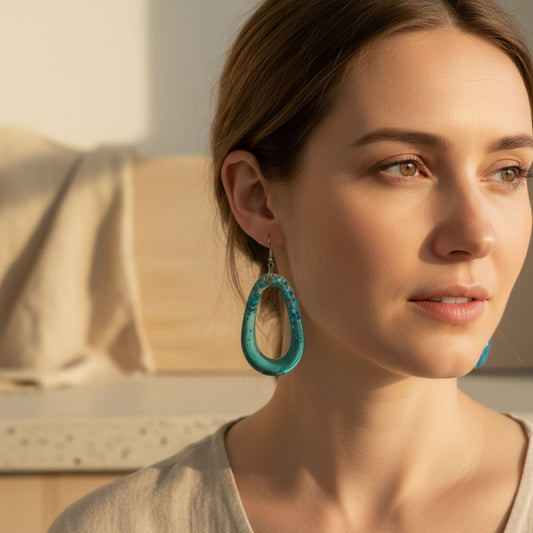 Australian handmade dangle earrings Tidal Glow in aqua blue resin with subtle shimmer worn on ear.