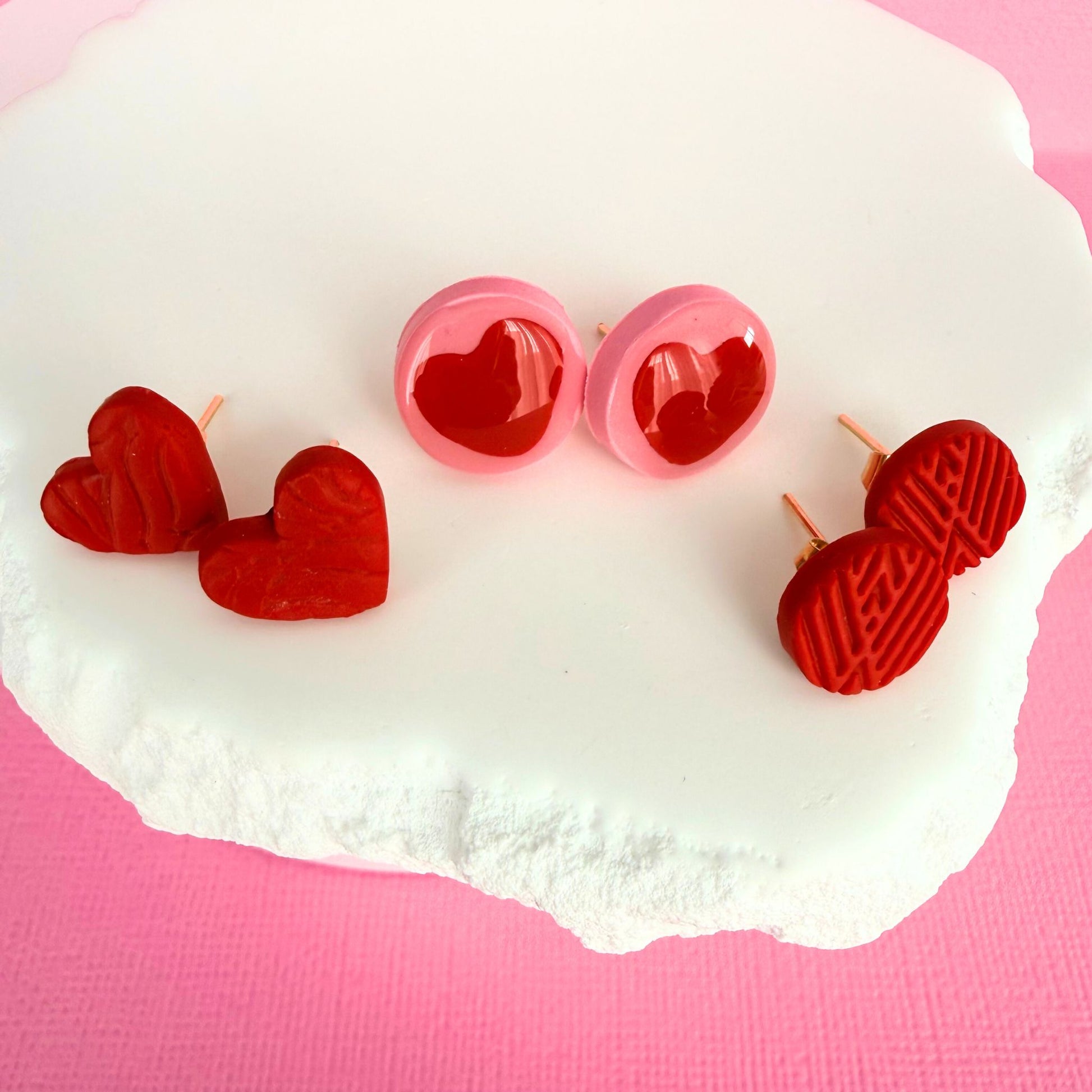 Australian handmade stud earrings True Love Trio in playful polymer clay