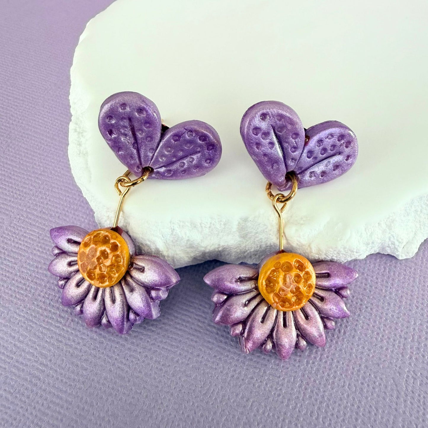 Australian handmade drop earrings Violet Bloom with playful polymer clay pieces hanging from studs