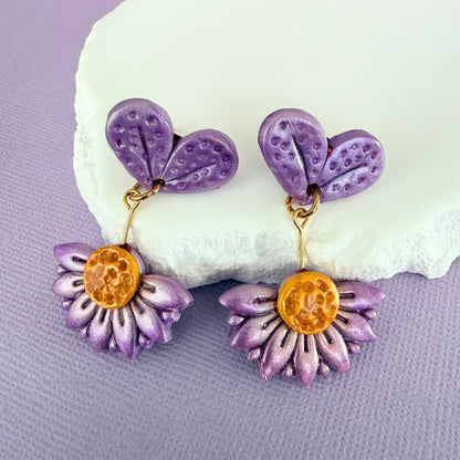 Australian handmade drop earrings Violet Bloom with playful polymer clay pieces hanging from studs