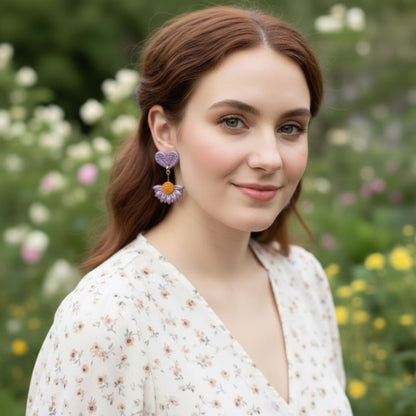 Australian handmade drop earrings Violet Bloom worn for joyful everyday style