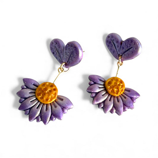 Violet Bloom polymer clay floral stud earrings with soft violet and yellow.