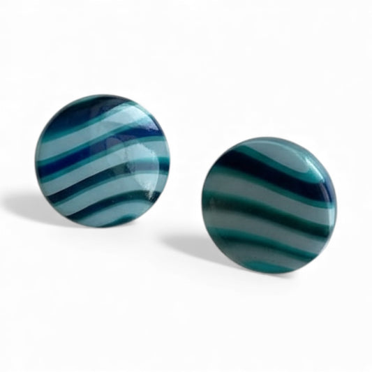 Wavelength polymer clay stud earrings in colourful swirl pattern.